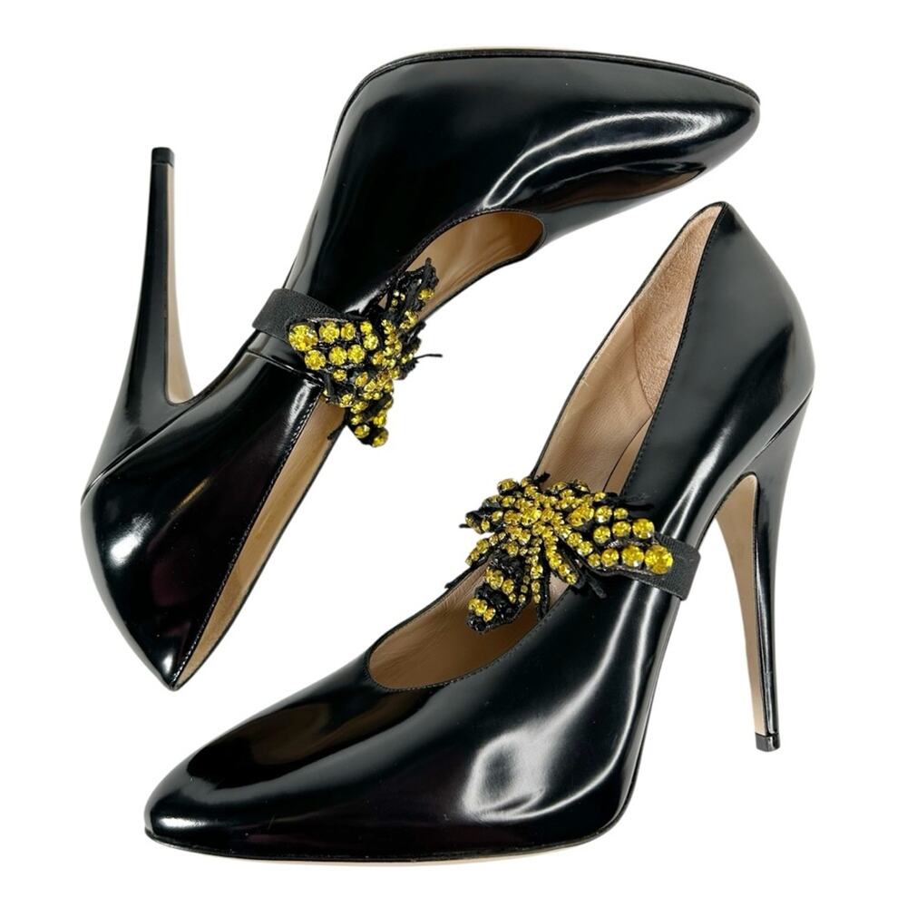 GUCCI Elaisa Polished Calfskin Crystal Bee Stiletto Pumps - Picture 8 of 15